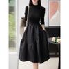 2024 Novo vestido de malha com costura e saia de tule para afinar a cintura Feminino de comprimento médio preto saia de primavera moda