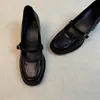 Sapatos Mary Jane Retro de Salto Alto Versão Chengdu com Tira de Fivela, Salto Grosso, Boca Rasa, Bico Redondo, Sapatos Pequenos de Couro para Mulheres Baixas