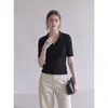 Camiseta Polo de Punto Negra con Solapa Francesa para Mujer, Verano, Ajustada, Seda de Hielo, Manga Corta, Top Delgado
