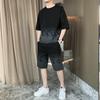 Verano Nuevo Estilo Hong Kong Traje Corto para Hombre Parte Superior Manga Corta Pantalones de Cinco Cuartos Degradado Moda Casual Tendencia Traje Dos Piezas