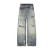Pantalones vaqueros Magic Bear retro americano lavados y desgastados con diseño de bolsillo estampado de leopardo, pantalones únicos de corte recto y pierna ancha