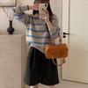 Outono e Inverno Novo Estilo Casual Listrado Gola Polo Suéter de Tricô Top Preguiçoso Redutor de Idade Versátil Suéter Feminino Estilisticamente Outer