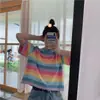 Camiseta de Rayas Arcoíris para Mujer de Manga Corta Ins Tendencia Verano 2025 Nuevo Estilo Coreano Holgada y Versátil Top Corto para Estudiante Tendencia
