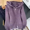 Cárdigan de Punto con Capucha a Rayas de Bloques de Color Perezoso Estilo Coreano Otoño/Invierno Nuevo Versátil Holgado Chaqueta Suéter con Cremallera Top