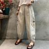 Ropa de Verano Nueva de Algodón y Lino para Mujer Pantalones con Diseño Retro de Bordado y Encaje Leggings de Estilo Japonés para Mujer Pantalones de Linterna de Nueve Puntos