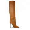 Botas de Moda Europeias e Americanas Transfronteiriças Bico Fino Costura em Couro Cano Alto Botas Femininas Comércio Exterior Tamanho Grande 44