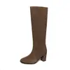 Botas de montar de cuero de caña alta para mujer, nuevo estilo otoño e invierno, piel genuina, punta redonda, sin cordones, tacón alto grueso, botas hasta la rodilla