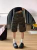 Calça Jeans Camuflada Cinco Pontos Estilo Americano para Mulheres 2025 Verão Novo Cintura Alta Multibolsos Solta Emagrecimento Shorts Cargo