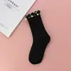 Calcetines de Color Sólido de Tamaño Medio para Mujer con Orejas de Madera y Perlas, Estilo Japonés Nuevo para Otoño e Invierno, Calcetines de Moda Coreanos Casuales Vintage