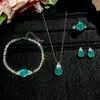 Collar con Colgante de Zirconio Octagonal Color Verde Rosa Corte Rosa Milenial, Anillo Abierto, Pendientes, Pulsera Juego de Cuatro Piezas