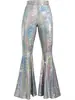 Pantalones Acampanados con Lentejuelas Láser Iridiscentes, Pantalones de Campana de Cintura Alta Estilo Disco Retro, Pantalones Largos para Actuación en Escenario
