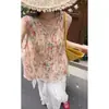 Moda Verão 2025 Versátil Redutor de Idade Rosa Estampado Babados Decote V Sem Mangas Estilo Férias