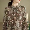 Novo Vestido de Outono de Tamanho Grande para Viagem, Elegante, Vintage, Estampado de Algodão e Linho, Gola Alta, Solto, Longo