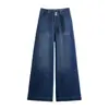 Toma Real de Pantalones de Pierna Ancha de Longitud Completa con Cintura Alta Elástica de Talla Grande, Botón Doble, Jeans de Mezclilla de Caída Suelta para Mujer, Azul, Algodón Delgado
