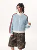 Sudadera cárdigan de punto gofre estilo americano de marca moderna con cuello alto para hombre, chaqueta deportiva casual de otoño, abrigo a rayas estilo coreano para pareja