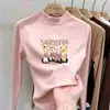 Camisa base de outer wear para meninas em fleece dupla face, nova blusa casual com estampa de desenho animado, camiseta de gola semi-alta, mangas compridas escovadas