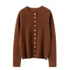 Nuevo Cardigan de Punto 100% Cachemir para Otoño e Invierno 2025, Cuello Redondo, Borde Enrollado, Manga Larga, Diseño de Color Puro para Mujer