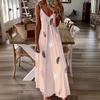 Vestido europeo y americano transfronterizo de primavera y verano nuevo sin mangas ajustado con estampado de plumas escote en V bajo con tirantes vestido amplio para mujer