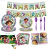 Decorações de festa de aniversário para menina de fronteira: Guirlanda de macaco da Dora, decorações espirais pendentes, copos de papel, pratos de papel, toalha de mesa, balões