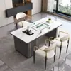 Conjunto de mesa de centro e cadeiras em pedra sinterizada de luxo leve, adequado para escritório, varanda ou uso doméstico; mesa de chá pequena moderna com chaleira de água integrada e estação de chá em pedra