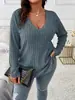 2024 Amazon Otoño e Invierno Nuevo Top de Color Sólido Talla Grande para Mujer Cuello en V Manga Larga Camiseta de Canalé Cepillada Holgada Pulóver