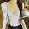 Novo Estilo de Outono Top Redutor de Idade Gola V Manga Curta Cor Lisa Cardigã Jaqueta + Patchwork de Renda Camisola Pequena Conjunto de Duas Peças Doce e Picante