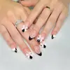 Arte de Uñas con Lazo Tridimensional Estilo Dulce y Fresco, Uñas Postizas Negras con Borde Negro y Perlas en Forma de Corazón, Puntas de Uñas de Venta Caliente Transfronteriza al por Mayor