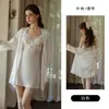 Precioso Sexy Camisola de Satén con Encaje y Escote en V Profundo Adornado con Perlas, Bata de Dormir con Almohadillas en el Pecho, Conjunto para Estar en Casa 5848