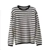 Suéter de tricô listrado preto e branco de manga longa para mulheres, novo estilo outono 2026, simples, folgado, modelador, suéter de lã gola redonda pullover