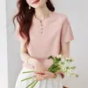 92% algodón 8% elastano para mujer, color liso, simple, cuello en V pequeño, camiseta casual versátil con diseño de botones, jersey