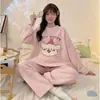 Corea2025 Otoño e Invierno Pijama de Terciopelo Coral para Niñas Cuadros Gato de Dibujos Animados Chica Suave Engrosado Cálido Ropa para el Hogar