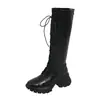 Botas Femininas Acima do Joelho Outono e Inverno Petite Bico Redondo Retrô Cano Alto Cavaleiro Solado Grosso Boca em V Salto Médio Salto Grosso Botas Emagrecedoras