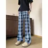 Pantalones de cuadros azules nuevos de verano para hombre y mujer, estilo fino, pantalones acampanados micro de la alta calle americana, pantalones deportivos casuales rectos
