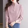 Suéter de Tricô Tendência 2026 Primavera e Outono Novo Solto Casual Camisa Base para Mulheres, Gola Alta Meio Zíper Jacquard Suéter Pulôver