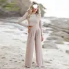 Conjunto de Calça Wide Leg Feminina Plus Size Novo 2025, Conjunto de Duas Peças Casual Elegante de Manga Longa Cor Sólida para Mulheres