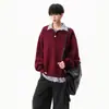 Suéter de tricô duas peças cor bordô para homens e mulheres, marca americana da moda de outono, suéter com gola Henley, malha casual solta retrô
