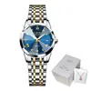 LIGE/Lige Reloj de Cuarzo Multifuncional de Moda con Calendario, Resistente al Agua, para Parejas, Modelos para Hombres y Mujeres, Dorado Completo, Dorado Bicolor, Azul