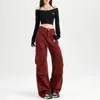 Comercio Transfronterizo Estilo Americano Angora Teñido de Rojo Pantalones Cargo Otoño Nuevo Estilo Hong Kong Cintura Alta Multibolsillos Holgados Pierna Ancha