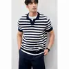 Verano Transfronterizo Nuevo Estilo Tejido de Punto de Seda Helada Camisa Polo para Hombre Cuello en V Solapa Ajustada Camiseta de Negocios Delgada Comercio Exterior Transfronterizo
