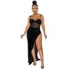 X5843 AliExpress Amazon Europeu e Americano Moda Cinta Frisada Malha Perspectiva Irregular Vestido Dividido para Mulheres