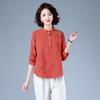 Camiseta para Mujer de Manga Larga Estilo Nuevo Primavera y Otoño 2026 Algodón y Lino Suelto Estilo Casual Versátil Adelgazante Cuello Redondo Top Bordado para Mujer