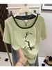 Top de Bloques de Color Adelgazante con Cuello Cuadrado, Nuevo Modelo Verano 2026, Diseño Único y Elegante, Camiseta de Manga Corta de Hombro Normal de Nicho para Mujer