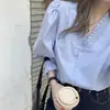 Camisa Francesa de Cuello en V y Manga Abullonada para Mujer, Diseño de Primavera y Otoño, Nicho con Sentido de Elegancia, Top Chic Han Feng