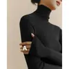 Suéter de Punto de Lana con Cuello Alto y Cuello de Pila Negro Francés para Otoño e Invierno para Mujer, Elegante Suéter para Capas Interiores, Top de Cuello Alto