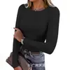 2026 Amazon transfronterizo otoño/invierno más vendido estilo europeo y americano cuello redondo acanalado manga larga top, camiseta básica ajustada para mujer, en stock
