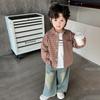 Terno infantil primavera/outono 2025, camisa xadrez de manga comprida e calça casual, conjunto de três peças