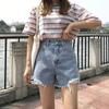Shorts jeans femininos de cintura alta em formato de A, lançamento de verão 2021, soltos, slim, pernas largas, calças curtas, rasgadas, na moda
