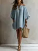 Novo Vestido de Algodão e Linho Off-Shoulder Mais Vendido na Amazon 2026 para Mulheres, Manga Morcego Solta com Bolsos, Comprimento Médio para Férias