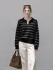 Tricô casual de outono, soltinho, com blocos de cor e listras, com gola de lapela