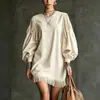 Vestido corto de estilo étnico multicolor, versátil, ajustado, con borlas y mangas de farol, superventas transfronterizo europeo y americano, para mujer, para el trabajo, vacaciones.